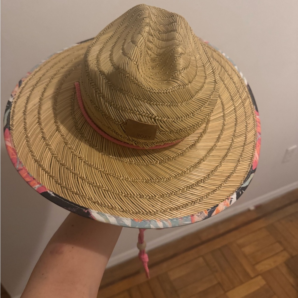 Roxy Tan Straw Hat with Pink Trim